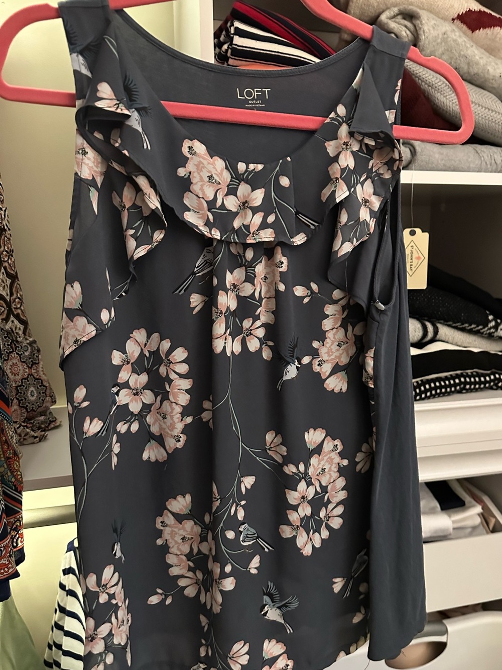 LOFT Slate Blue Floral Ruffle Cold-Shoulder Blouse - Picture 2 of 3